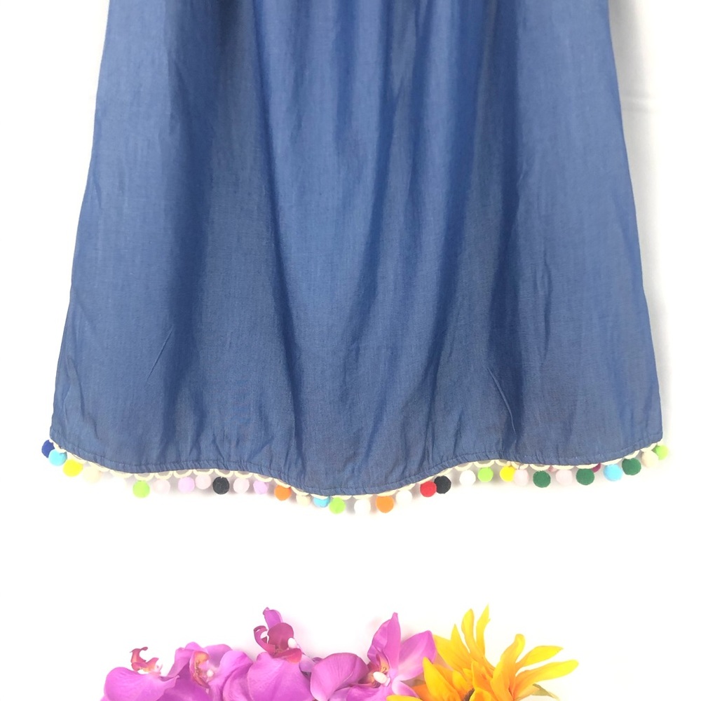 Denim Faux off the shoulder dress poms sleeves/hem - Picture 3 of 8